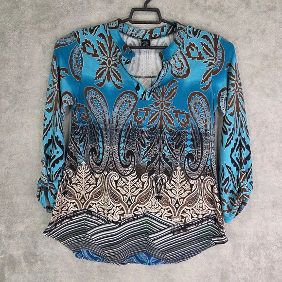 Womens Winwin Tunic Top Blue Brown Paisley Print V Neck Roll Tab Sleeve S/M - Picture 2 of 9
